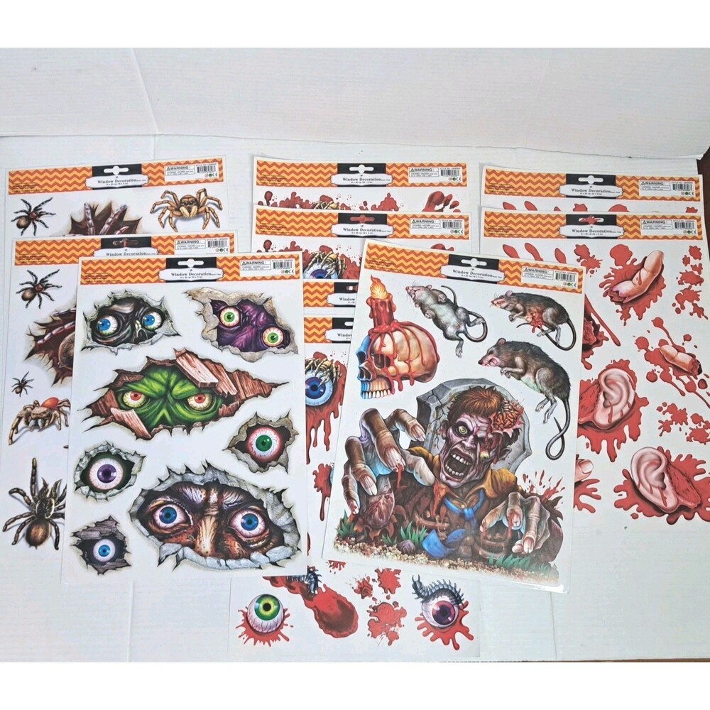 Vtg Lot 10 Halloween Window Clings Bloody Zombie Scary Static Reusable NEW